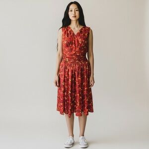 Vintage 60’s Style Handmade Dress Red Rose Print Tank Gathered at the Waist